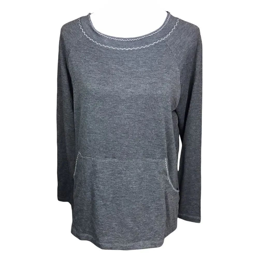 Max Studio Blouse Long Sleeve Dark Grey Kangaroo Pocket Side Slits Small